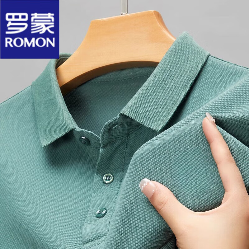 罗蒙(ROMON)100%纯棉短袖t恤男士夏季新款翻领polo衫宽松休闲简约纯色上衣男 纯色净版206绿色 L 170建议120-135斤