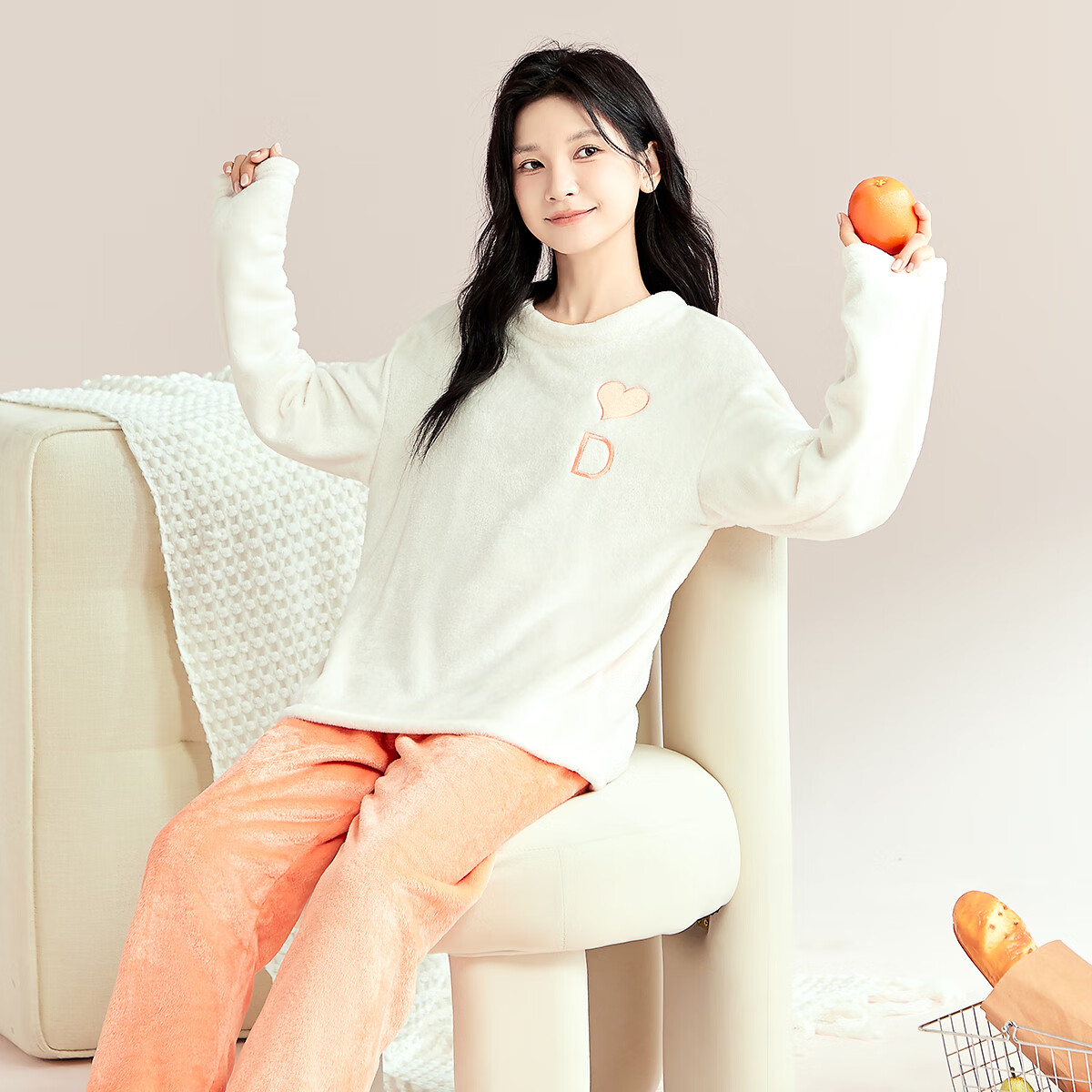 都市丽人女士睡衣女加绒冬季法兰绒加厚保暖圆领套头可外穿家居服套装女 【字母法兰绒】橘粉色 M