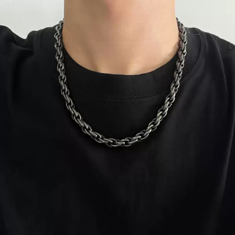 MOLC復古蛇紋黑色麻花鈦鋼項鏈男士歐美嘻哈高街小眾鎖骨鏈潮送男生 50cm黑色麻花項鏈L2526