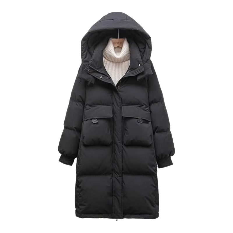 雅鹿2025新款羽绒服女中长款加厚过膝连帽防风百搭潮流气质保暖外套潮 黑色 XL 建议130-150斤