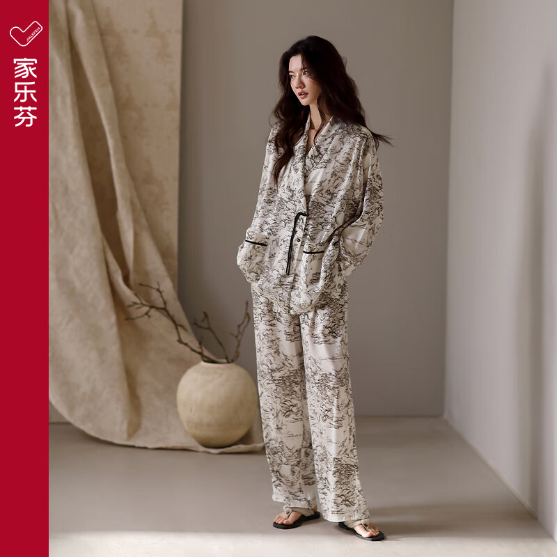 家樂(lè)芬（JIALEFEN）家樂(lè)芬睡衣女士春秋款冰絲綢長(zhǎng)袖家居服仿真絲大碼薄款和服水墨畫(huà) A811872素雅色 XL (170) 體重120-145斤)