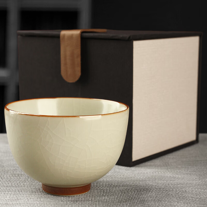真迹陶瓷茶杯汝窑开片品茗杯家用主人杯单杯可养杯子功夫茶具配件 汝窑黄底钟杯-米黄 125ml