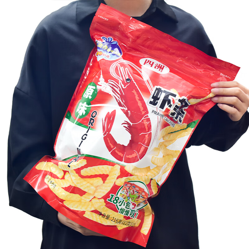 四洲非油炸零食蝦條超大包巨型辦公室小吃膨化休閑食品12gX18小包 原味蝦條18小包共216克