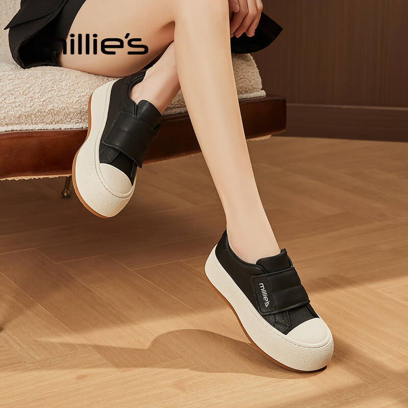 妙丽板鞋女厚底魔术贴浅口小白鞋2025春季新款时尚休闲百搭 黑色 36 (230mm) 标准码