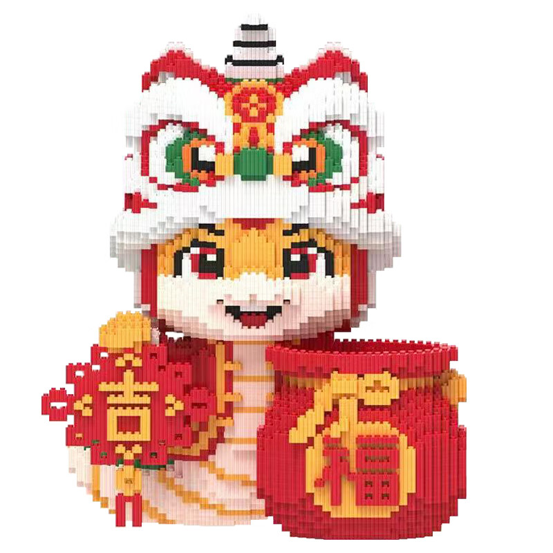 KEPIN马积木摆件小颗粒拼装模型国潮男女孩儿童马年吉祥物新年礼物玩具 吉福醒狮蛇-新年推荐