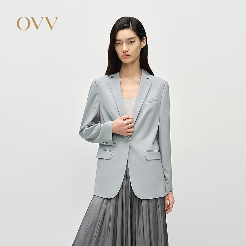 OVV2025春夏新款女装精纺羊毛平驳领休闲通勤西服外套 天空蓝 M