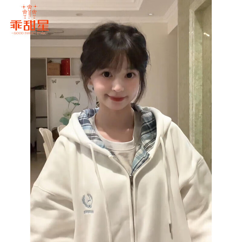 乖甜星美式高街格子连帽卫衣女秋冬加绒2025新款韩系慵懒风短外套女 白色 M 86-105