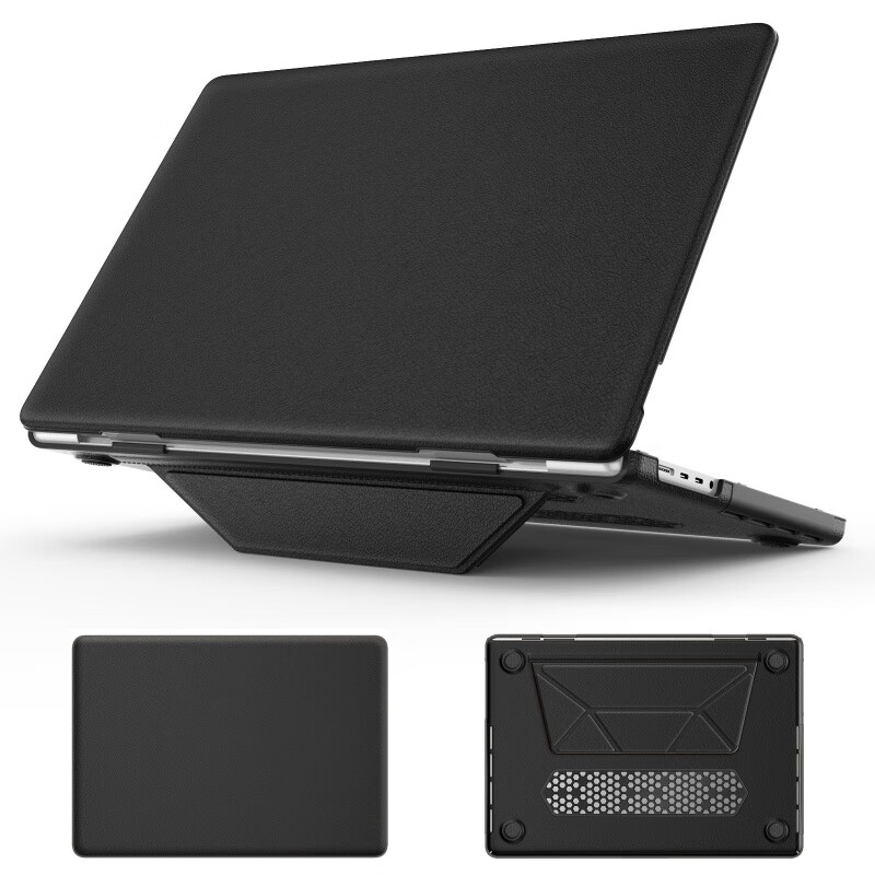 万浮生适用苹果笔记本电脑pro16保护套商务支架皮革MacBook pro14电脑壳 黑色 Air13 2018/2020(A2337 M1