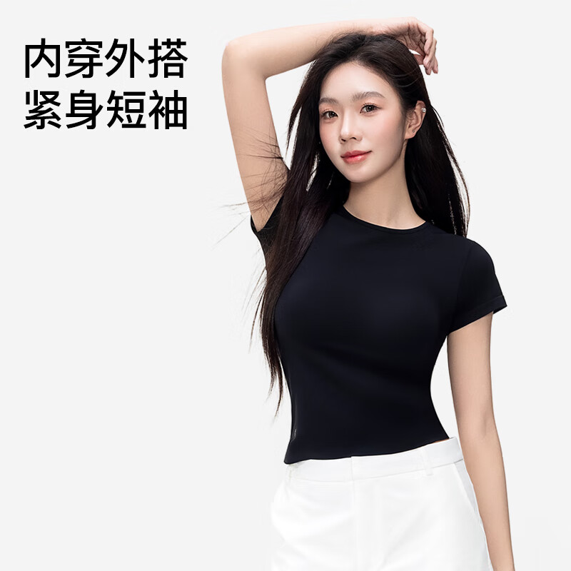 曲线主义短袖T恤女修身显瘦内搭上衣圆领百搭打底衫 黑色 M 码