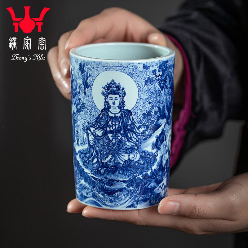鐘家窯茶道配件六君子茶筒柴窯青花手繪水月觀音筆筒茶具收納擺件