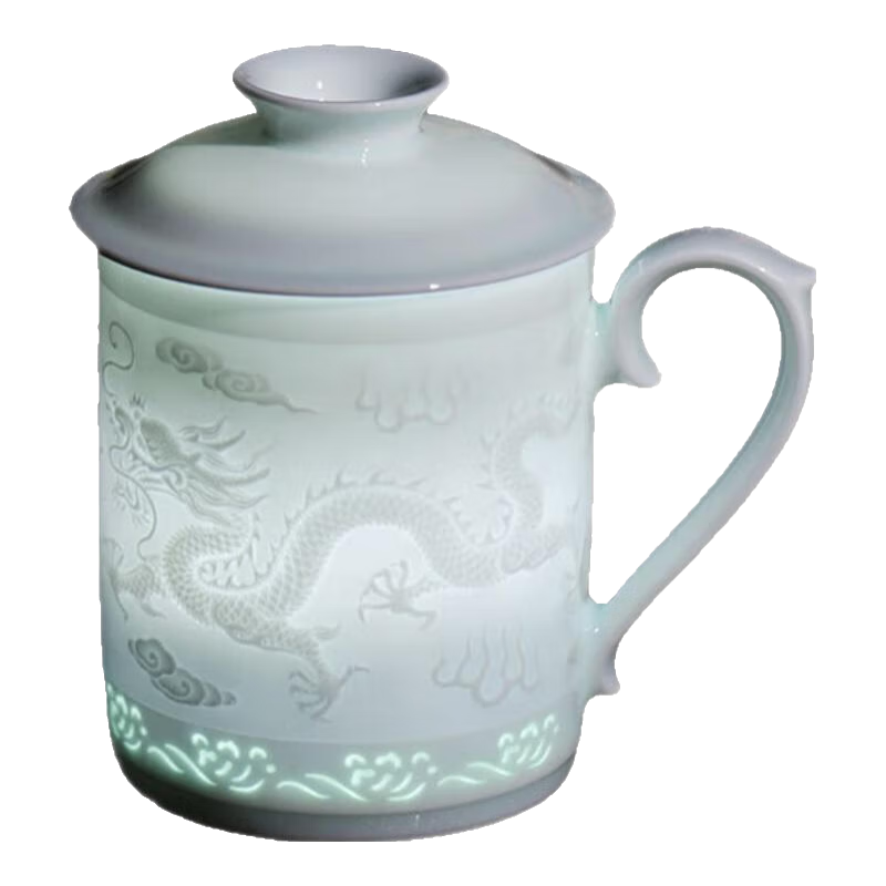 守勤堂景德鎮(zhèn)陶瓷影青玲瓏過濾帶蓋茶杯辦公家用大容量茶水分離泡茶杯 【龍鳳呈祥】玲瓏辦公杯