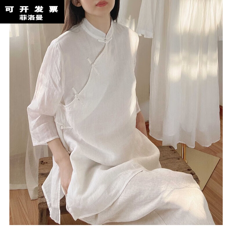 菲洛曼夏季禪服佛系女棉麻禪意素衣唐裝改良旗袍上衣女茶人服中長款盤扣 白色 XL