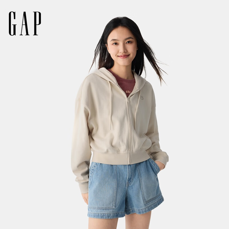 GAP女装2025春季新款抽绳拉链连帽卫衣纯色宽松休闲短外套725754 米色 M (165/84A)亚洲尺码