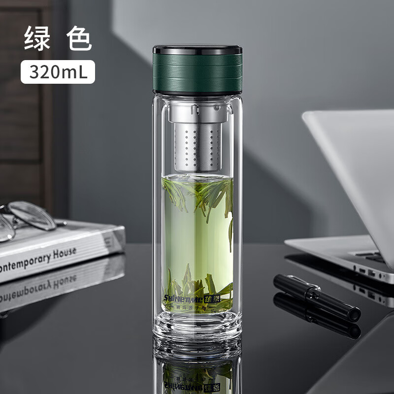 膳魔师(THERMOS)双层玻璃杯隔热办公家用男士茶水分离泡茶杯车载水杯定制LOGO 绿色320ml+超市+定制LOGO