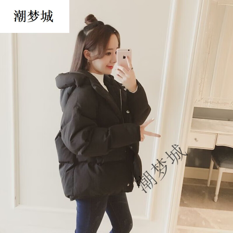 潮梦城新款棉服女短款韩版宽松ins面包服冬季棉衣加厚外套小棉袄 黑色 S 80-100斤