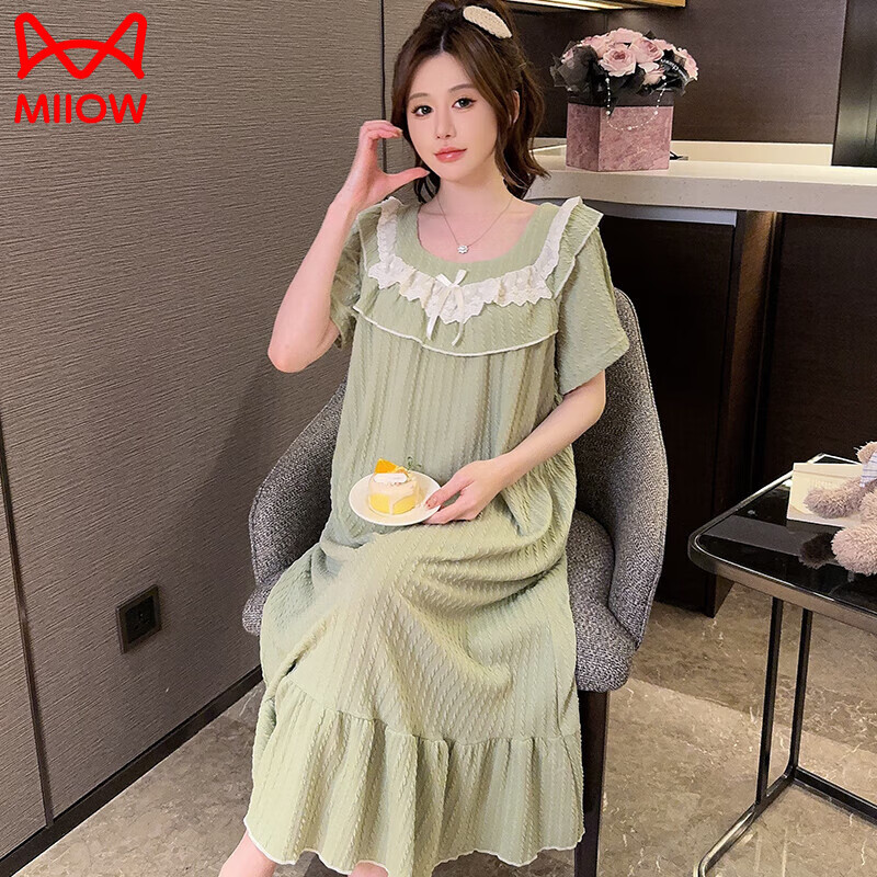 貓人（MiiOW）夏季短袖甜美公主風(fēng)純棉睡裙女加肥加大碼200斤中長(zhǎng)款孕婦睡衣裙 YQMZJ103#綠色 4XL (180-200斤)