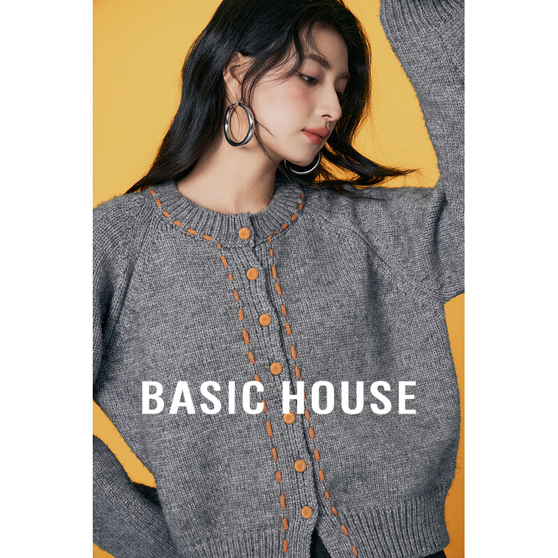 Basic House/百家好复古撞色穿绳毛衣冬季圆领短款插肩开衫外套女 灰色 L