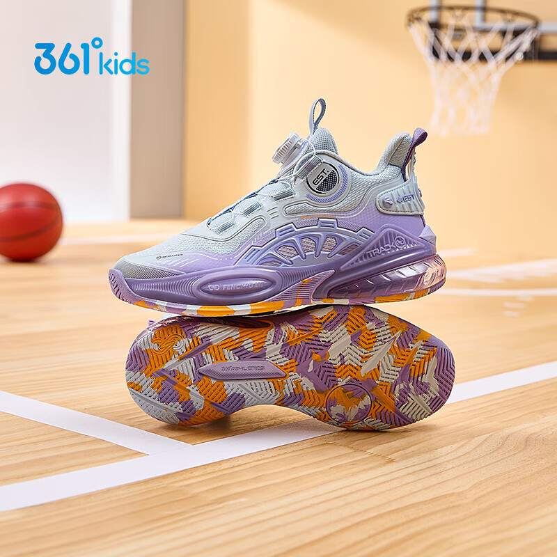 361°儿童童鞋男童运动耐磨篮球鞋年冬季新款中大童旋钮扣运动鞋子 泥灰蓝色/柔紫色 35