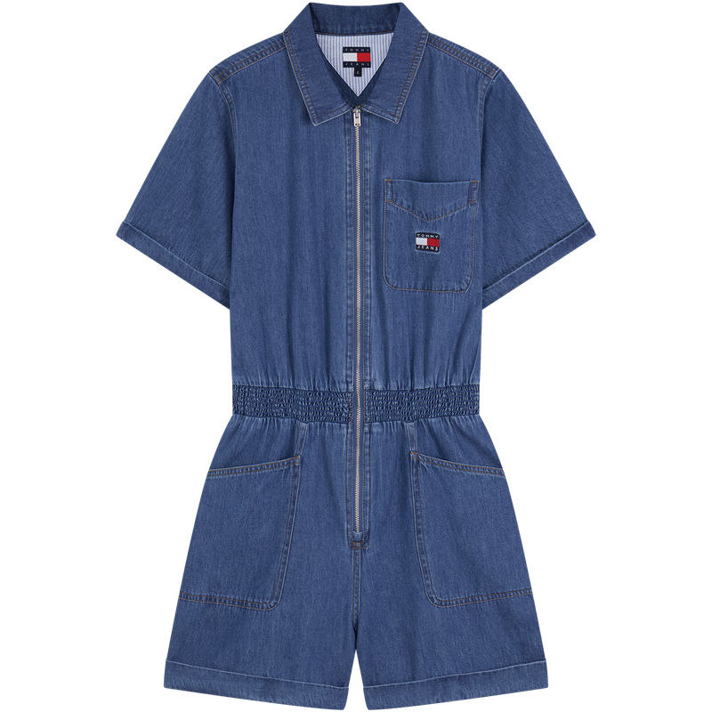 TOMMY JEANS25新款夏季女裝純棉美式潮流復(fù)古刺繡收腰牛仔連體短褲20371 牛仔藍(lán)1A5 M