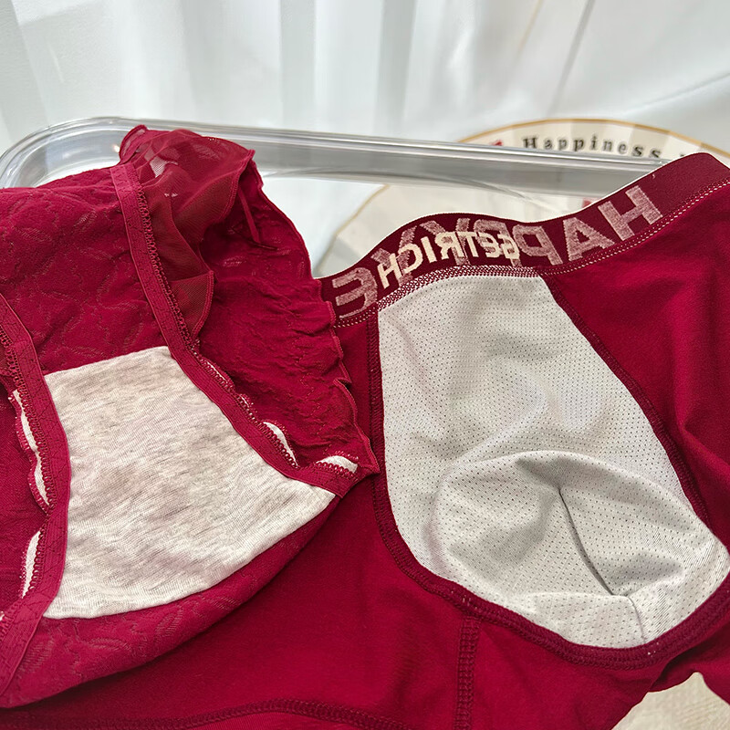 羅亨士情侣内裤一男一女红色结婚一对喜庆大红色本命年夫妻纯棉档底裤衩 两侧双结情侣款 2条 L 女+男L