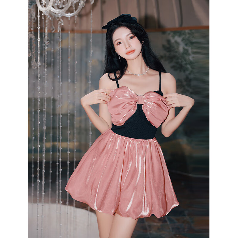 亦美珊小胸泳衣女溫泉感2024新款遮肚顯瘦裙式連體保守度假 漿果粉 M