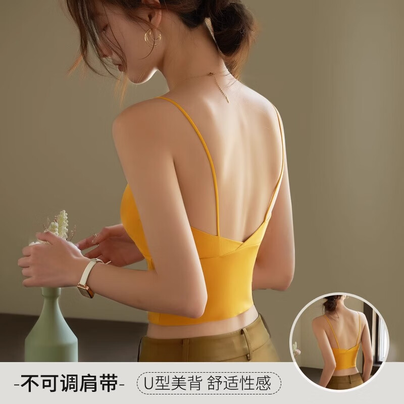 NOME背心吊帶女夏款罩杯一體V領(lǐng)露臍外穿內(nèi)搭打底背心上衣 姜黃色 XL