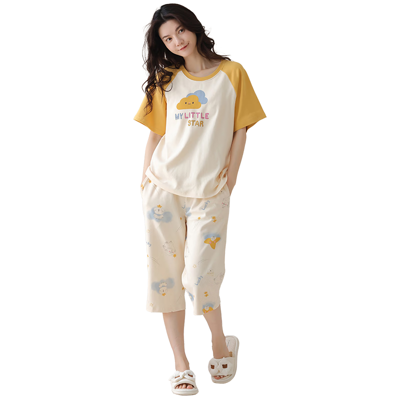 百亿补贴:芬腾可安(FENTENGCARE)女士睡衣女夏季纯棉圆领套头短袖七分裤休闲舒适可外穿家居服Q2 75.9元