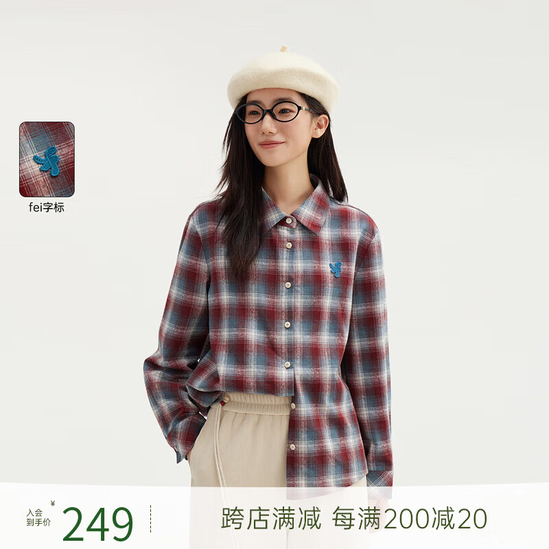 飛鳥和新酒格紋襯衫女翻領(lǐng)2024冬季新款短款寬松時(shí)尚長(zhǎng)袖襯衫 格子磚紅HMD05 S