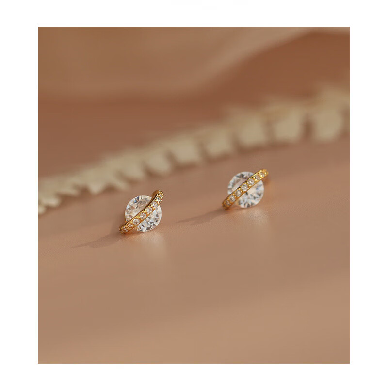 花饰庄园单颗裸钻星球耳钉925银针镶钻耳饰女小众设计感气质个性精致耳饰 金色款 925银针