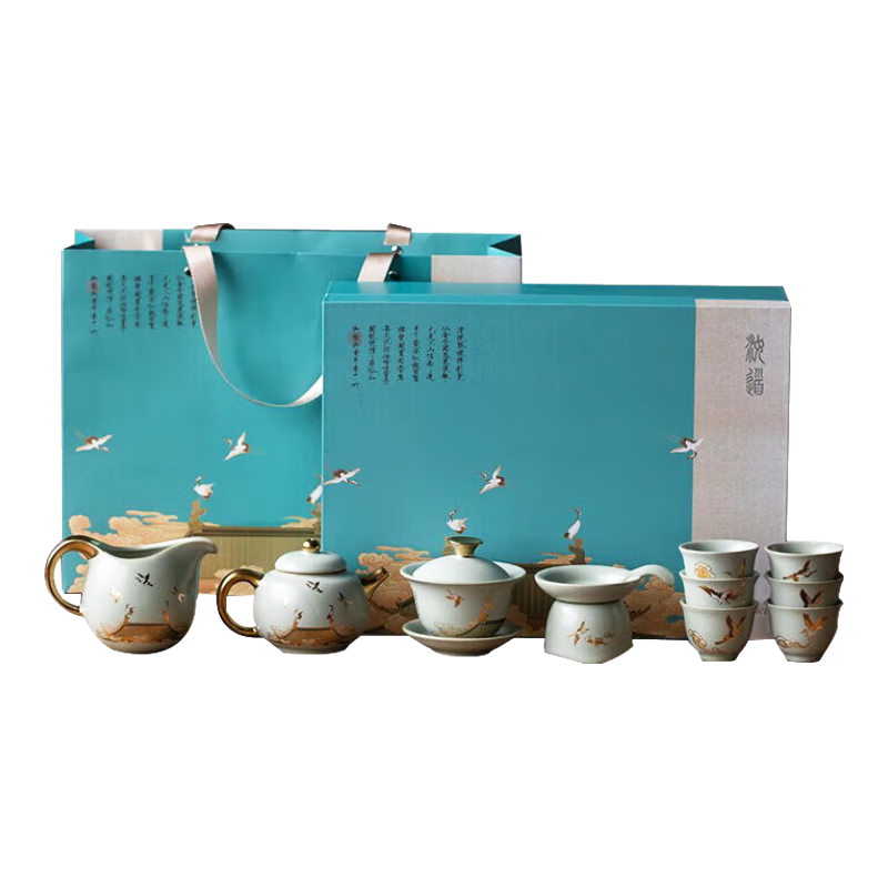 京峰閣 汝窯茶具整套 開片可養(yǎng)高端茶壺蓋碗茶杯家用送禮功夫茶具套裝 瑞鶴呈祥貴妃壺套裝 11頭