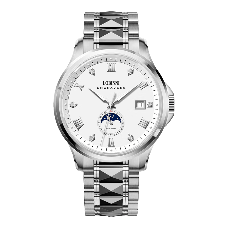 羅賓尼（LOBINNI）名表十大品牌手表男士全自動(dòng)機(jī)械表男表休閑商務(wù)夜光防水瑞士腕表 【升級(jí)版】19081簡(jiǎn)約銀白