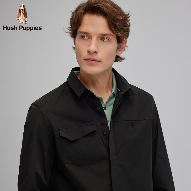 暇步士(Hush Puppies)【柔软细腻】男装2025春秋新款柔软轻薄长袖衬衫 曜石黑 L
