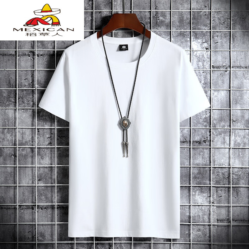 稻草人（MEXICAN）純棉男士短袖t恤新款純色青年寬松大碼圓領(lǐng)男裝半袖打底汗衫上衣 純白色 5XL 建議[190215斤]