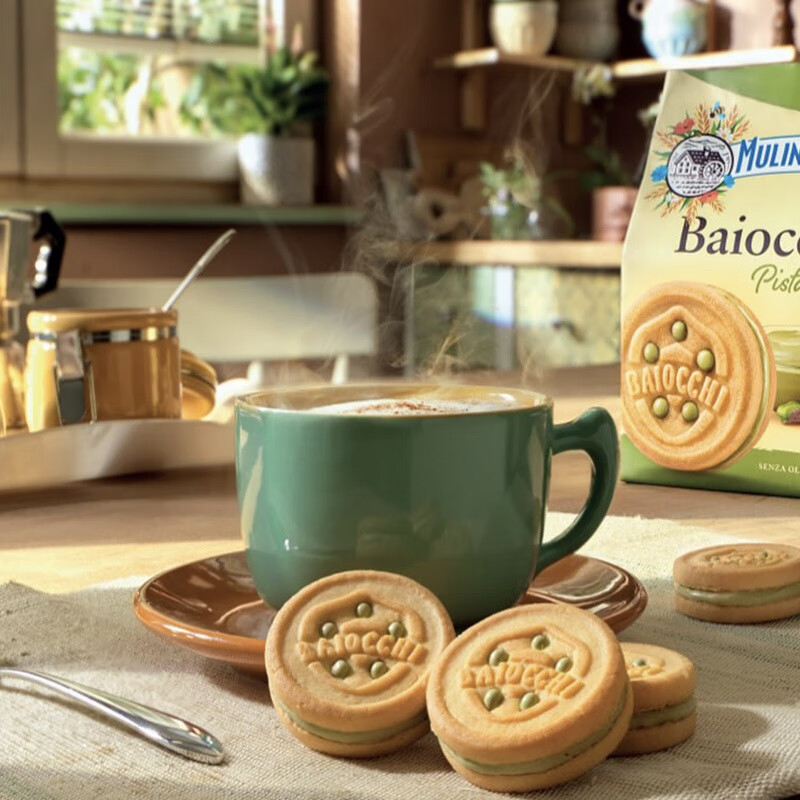 可局意大利原装进口Mulino Bianco开心果酱夹心饼干168g儿童零食礼物 Baiocchi 开心果酱夹心饼干168g 168g(内含6条/每条3块饼干)*1袋