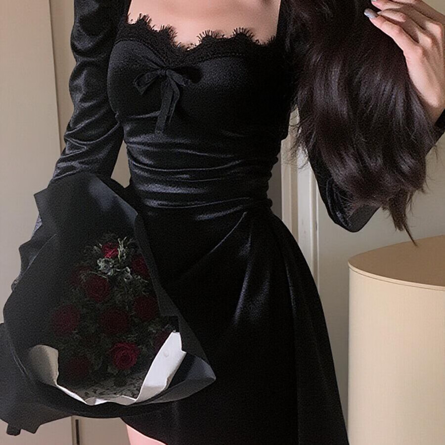 梵诗哲生日小礼裙聚会日常法式气质小黑裙晚礼服赫本风丝绒连衣裙女 蕾丝绒黑色短款 均码 s