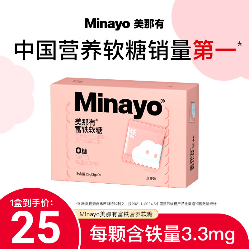 minayo美那有孕妇软糖富铁哺乳期姨妈期青少年富含铁剂铁元素维c0糖 【个人尝鲜装】 9粒*1盒