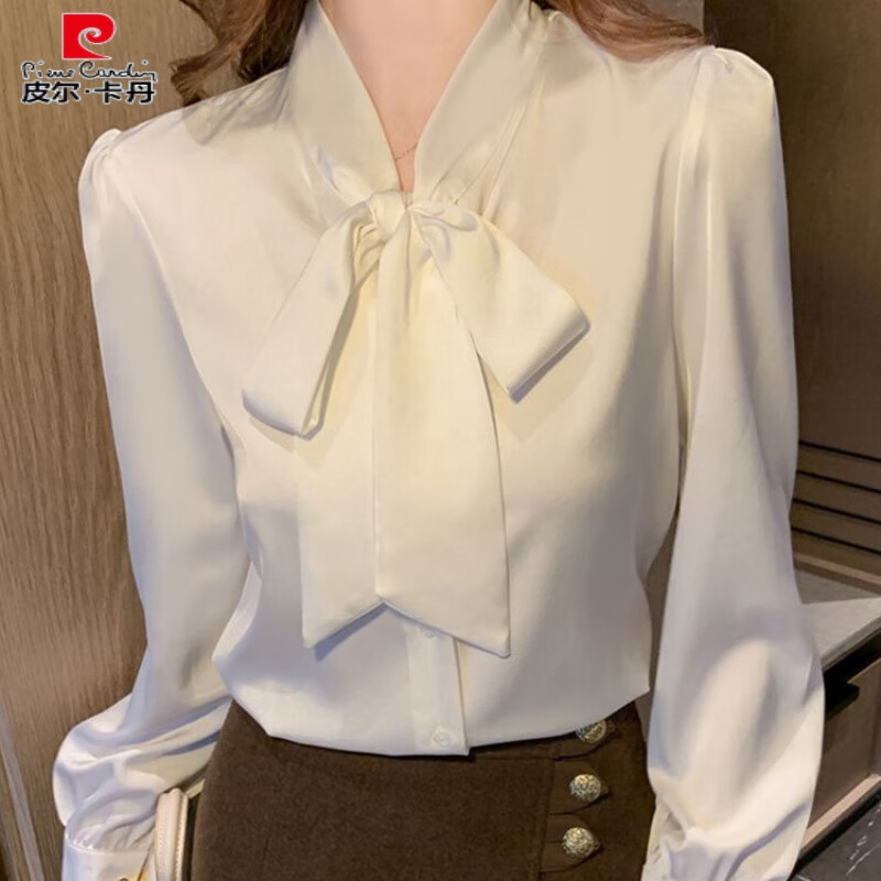 皮爾卡丹（pierre cardin）春秋法式氣質(zhì)緞面長(zhǎng)袖雪紡襯衫2025秋季新款別致蝴蝶結(jié)職業(yè)上衣 白色 S