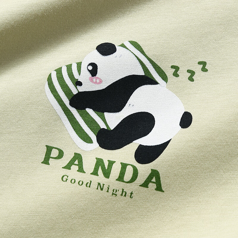 芬腾睡衣女士纯棉夏季薄款短袖七分裤休闲夏天清新熊猫家居服套装 芥末绿 L 建议110-125斤