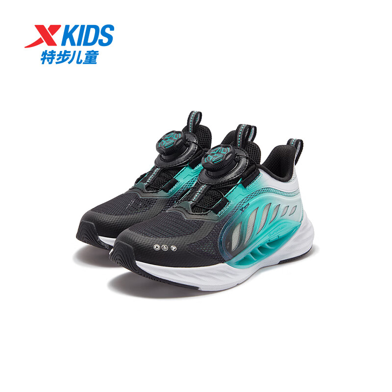 特步儿童鞋【氢风8.0护足跑鞋】网革透气缓震旋钮扣飞弹科技运动跑鞋 黑/极光绿 27 码