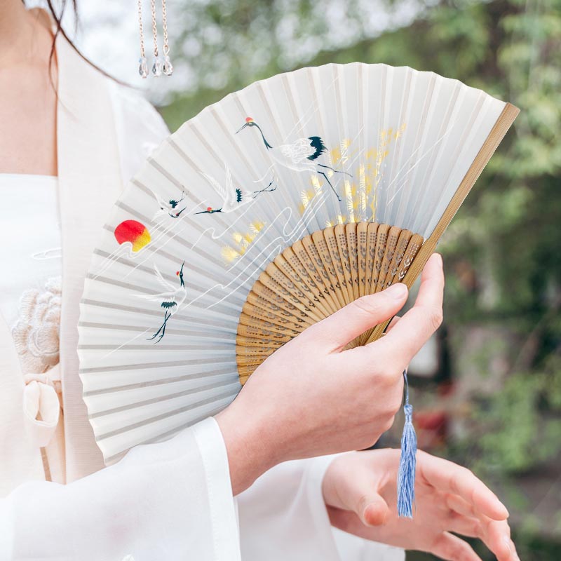 盛世泰堡古风扇子中国风绢布折扇送朋友送女友生日礼物女士竹扇 仙鹤
