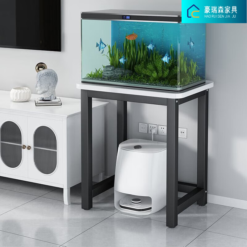 豪瑞森魚缸架落地置物架客廳掃地機(jī)器人鐵藝底架底座收納柜飲水機(jī)小架子 單層黑架+白色【桌面圓角】 長(zhǎng)50寬30高70【不含缸】
