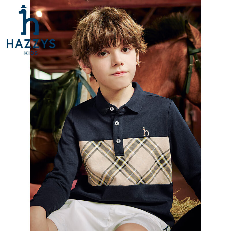 哈吉斯(HAZZYS)品牌童装男童POLO衫春季新款舒适柔软有型宽松经典翻领长袖polo 冰晶蓝 145