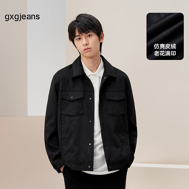 gxgjeans男装 春季新款仿麂皮绒工装翻领夹克外套 黑色 170/M