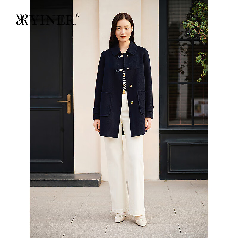 音儿（YINER）【100美丽诺羊毛】音儿专选2025春季新款暗扣双面呢大衣外套 藏蓝 M