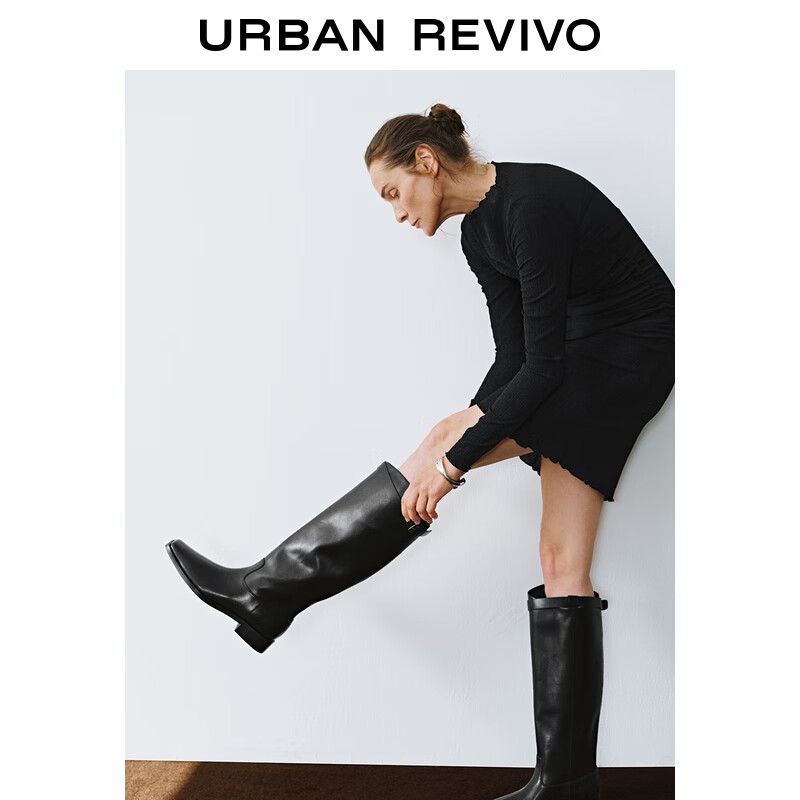 UR秋季新款女装肌理感褶皱收腰修身长袖连衣裙UWM740011 黑色 S