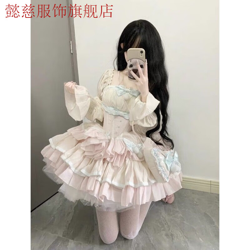 懿慈在逃公主裙甜美減齡洛麗塔公主裙重工少女感蝴蝶結(jié)撞色拼接收腰洋 連衣裙 S