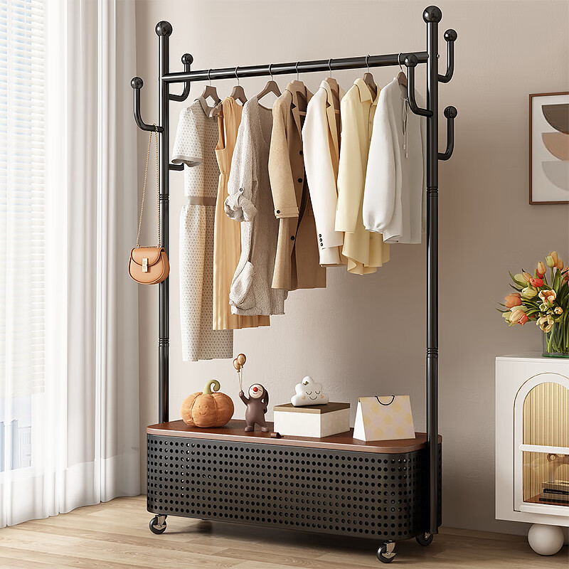 密林晾衣架落地家用可移動(dòng)室內(nèi)簡(jiǎn)易衣帽架臥室涼曬衣架陽(yáng)臺(tái)掛衣服架子 100cm-黑架+胡桃色蓋板