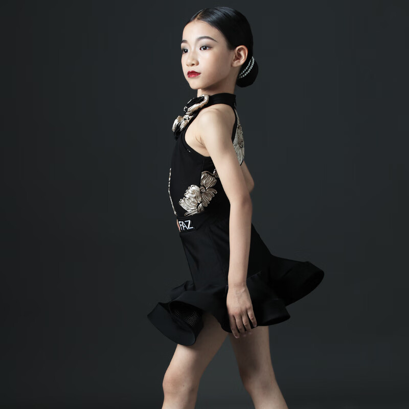 喆湘演出服FZ夏少儿网红舞蹈练习练功服装女童拉丁舞蹈儿童表演训练 黑色印花鱼尾裙 分体套装 140 cm