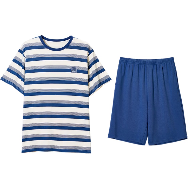 達(dá)爾麗【5A抗菌】睡衣男夏季純棉短袖短褲休閑條紋2025新款家居服套裝薄 T9241254-063-灰蘭色 2XL