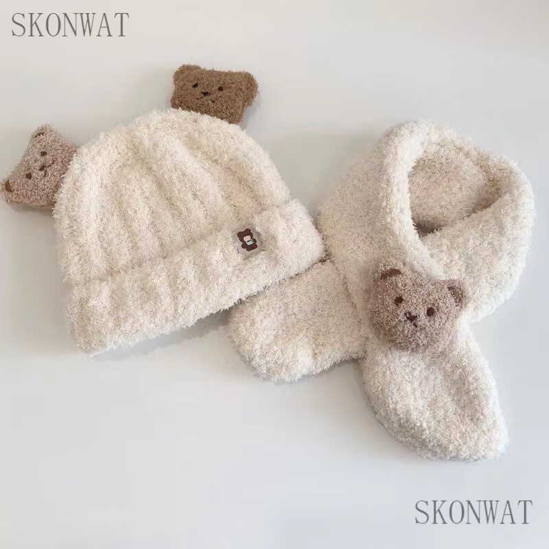 SKONWAT小熊毛绒婴儿帽子秋冬季宝宝帽围巾一体两件套儿童保暖护耳帽超萌 米色小熊套装 5个月-3岁